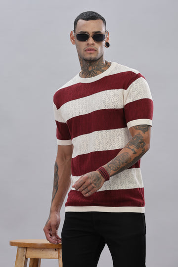 Knitted Round Neck Maroon Striped T-Shirt