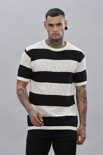 Knitted Round Neck Black Striped T-Shirt