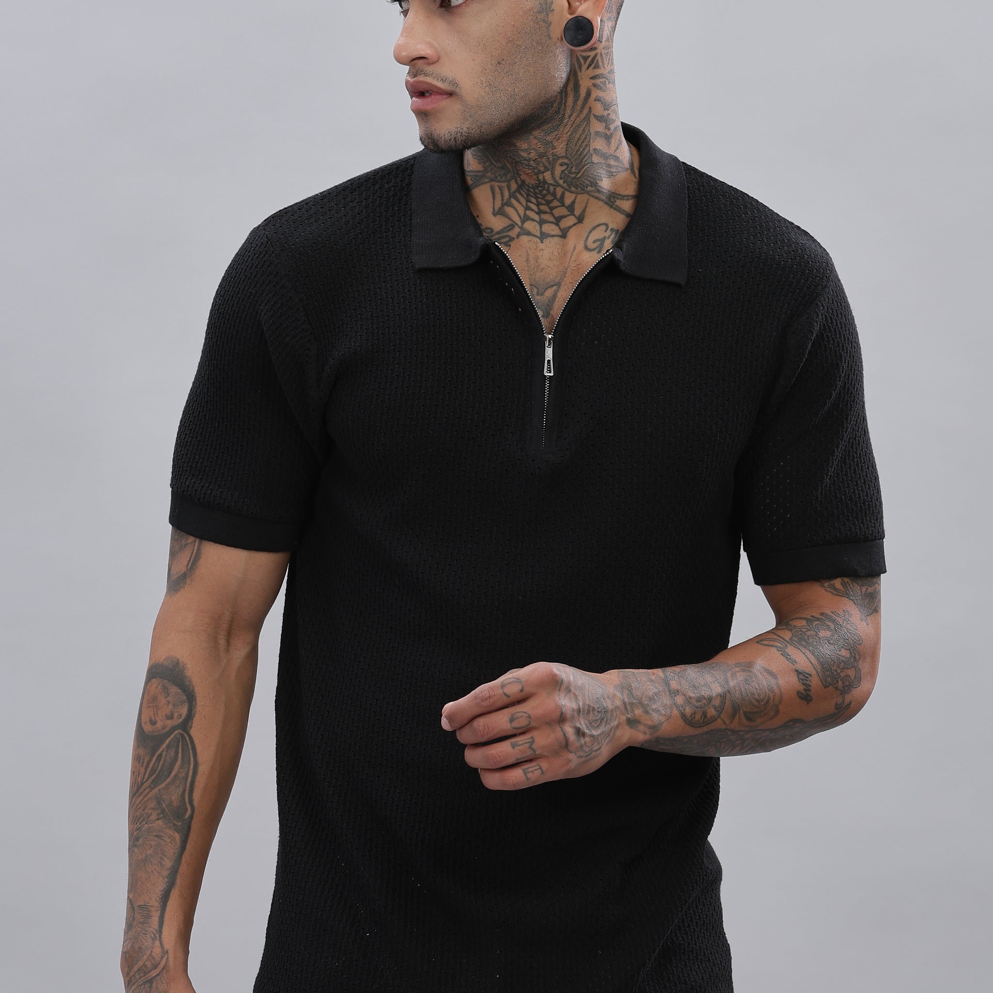 Knitted  Zipper Black Polo T-Shirt