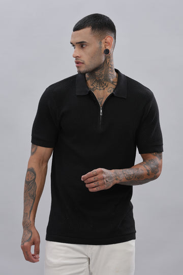 Knitted  Zipper Black Polo T-Shirt