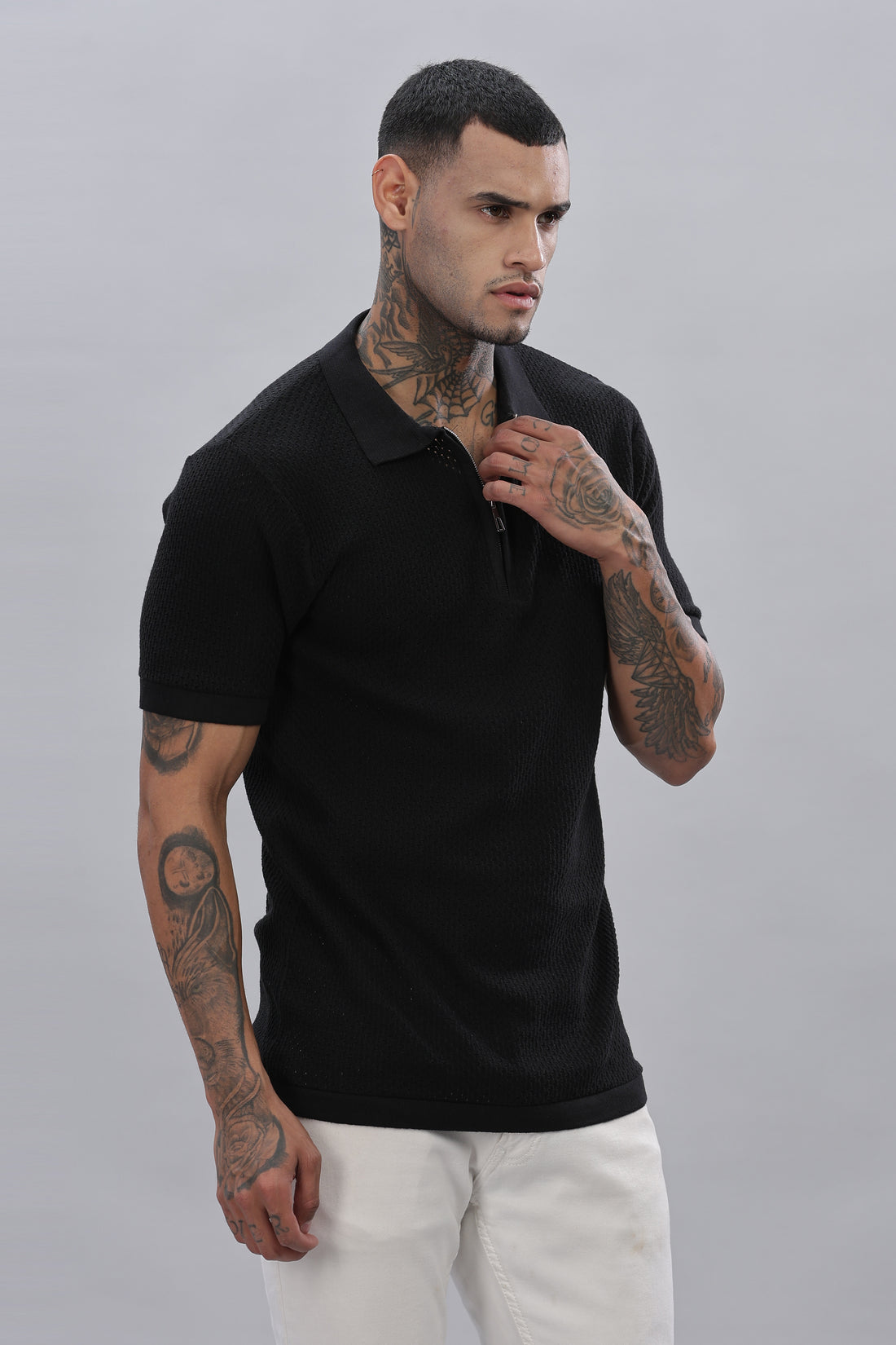 Knitted  Zipper Black Polo T-Shirt