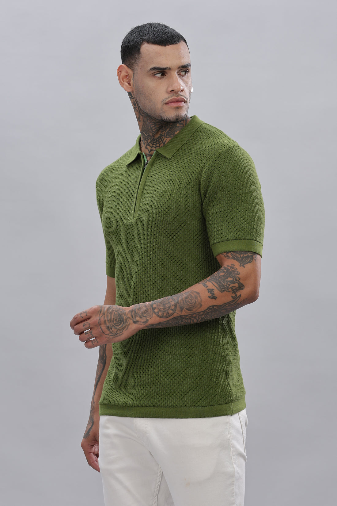 Knitted  Zipper Green Polo T-Shirt