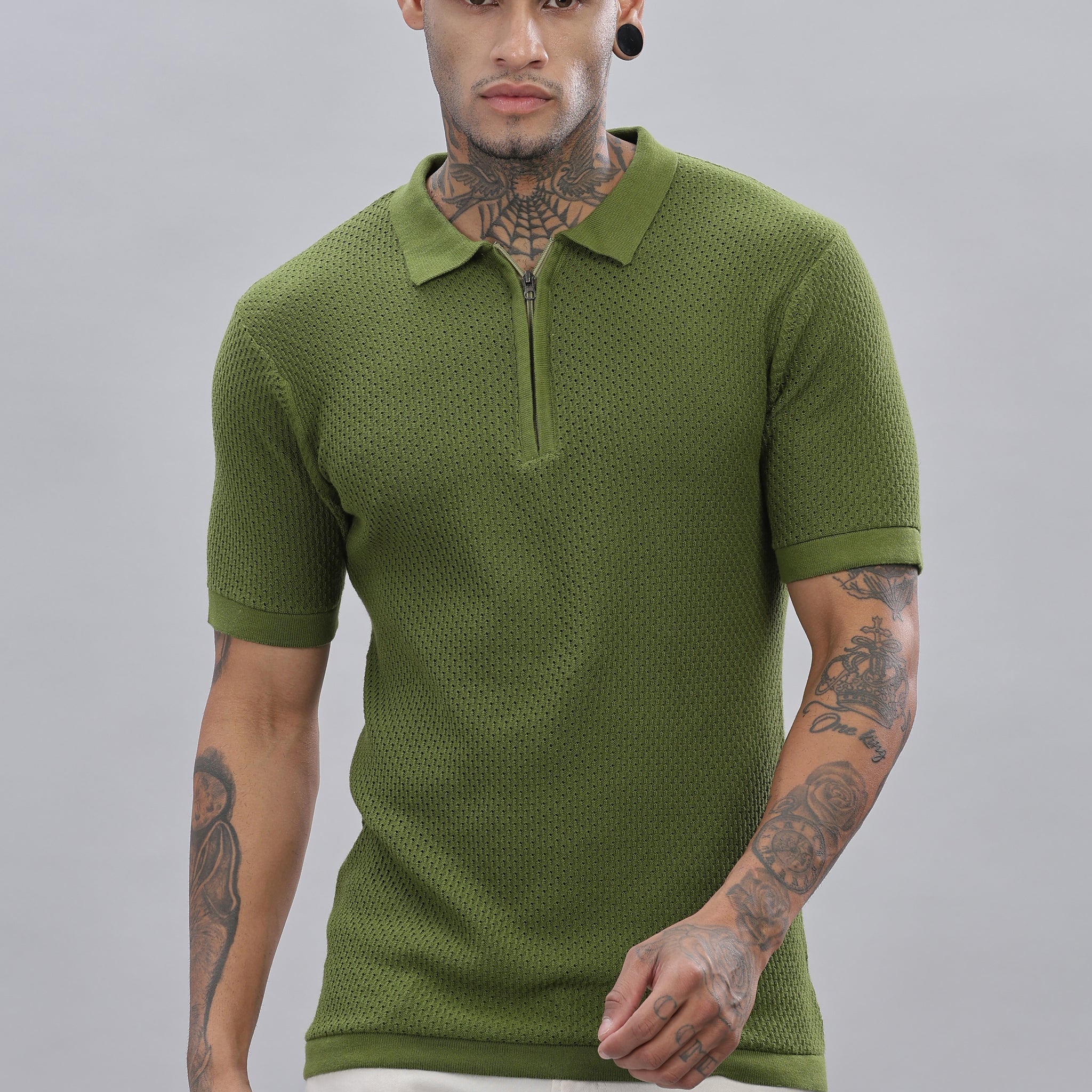 Knitted  Zipper Green Polo T-Shirt