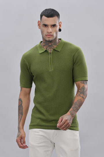 Knitted  Zipper Green Polo T-Shirt