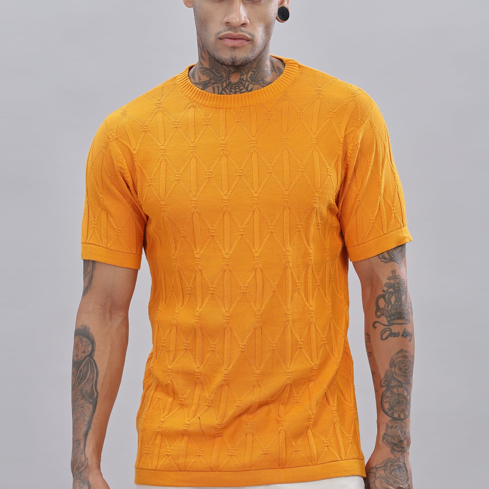 Knitted Round Neck Textured Orange T-Shirt