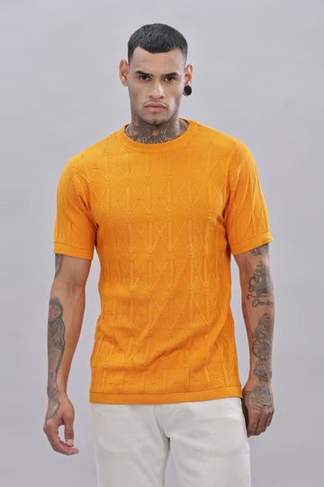 Knitted Round Neck Textured Orange T-Shirt