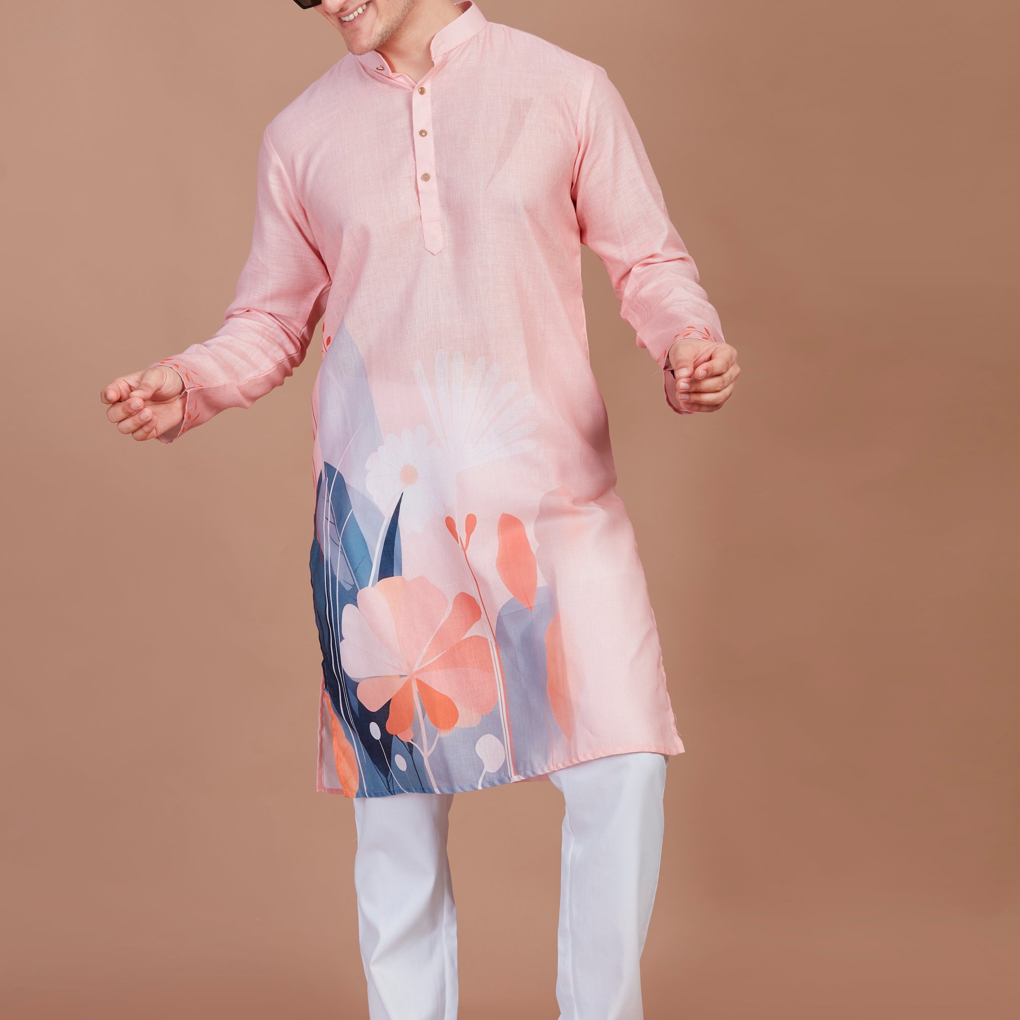 Blossom Print Peach Long Kurta