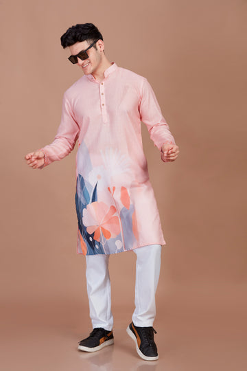 Blossom Print Peach Long Kurta