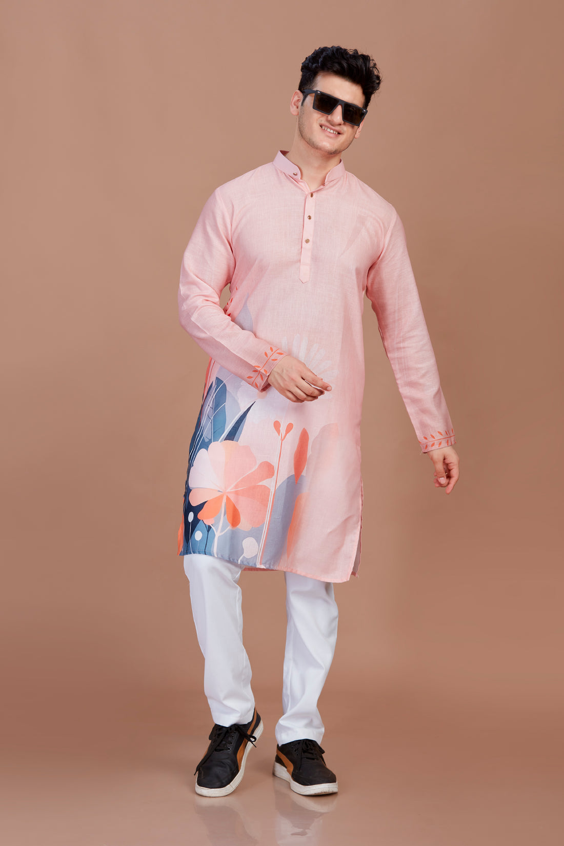 Blossom Print Peach Long Kurta