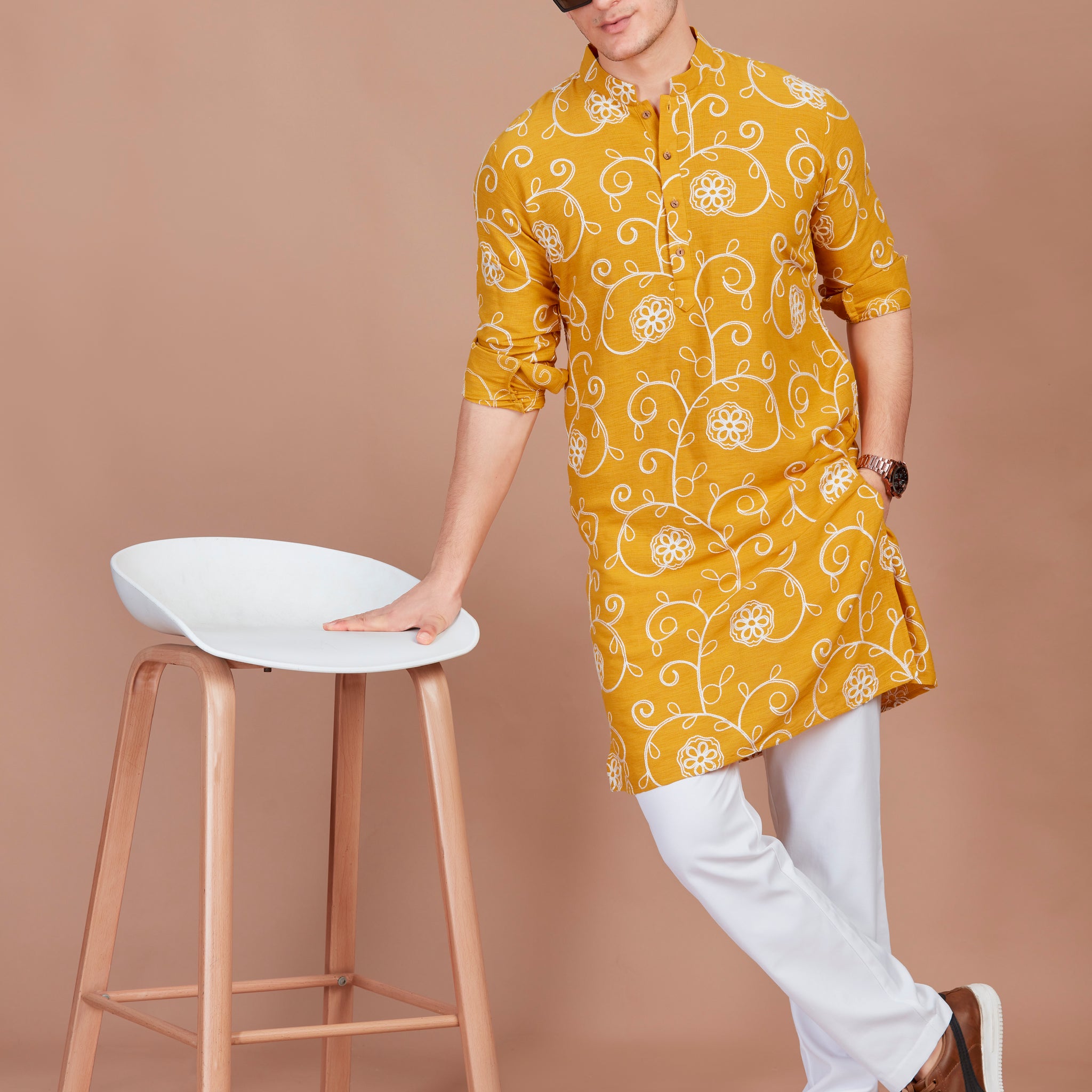 Flower Embroidery Mustard Long Kurta