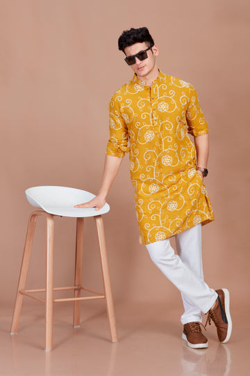 Flower Embroidery Mustard Long Kurta