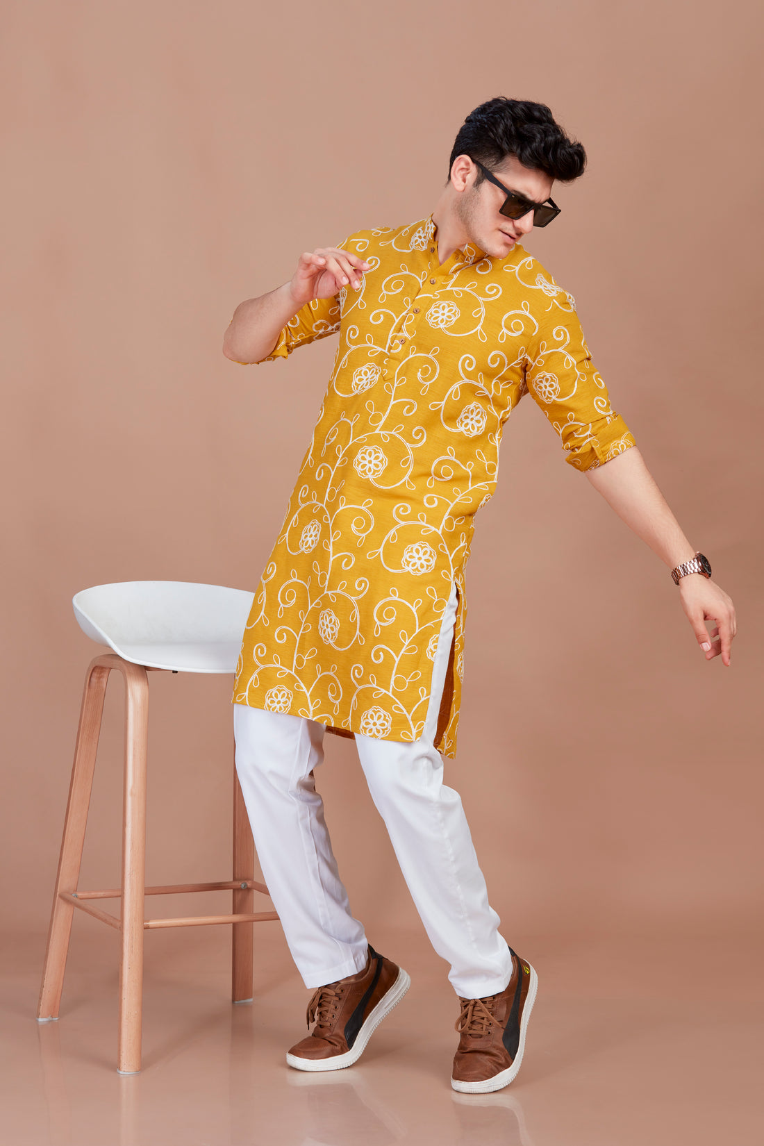 Flower Embroidery Mustard Long Kurta