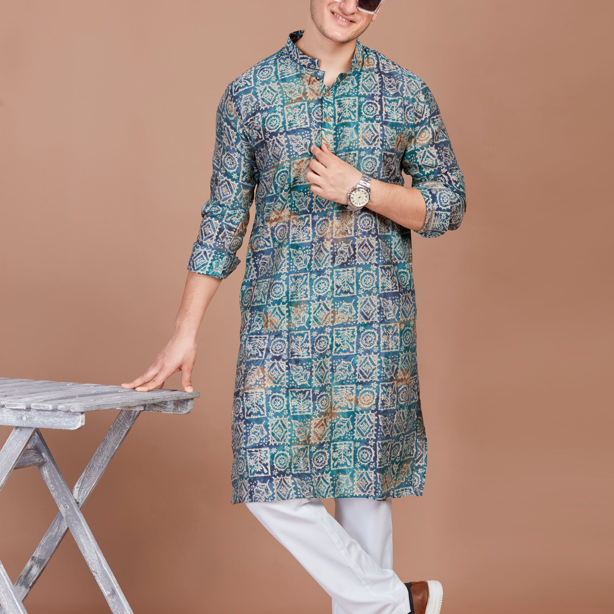 Green Abstract Print Long Kurta